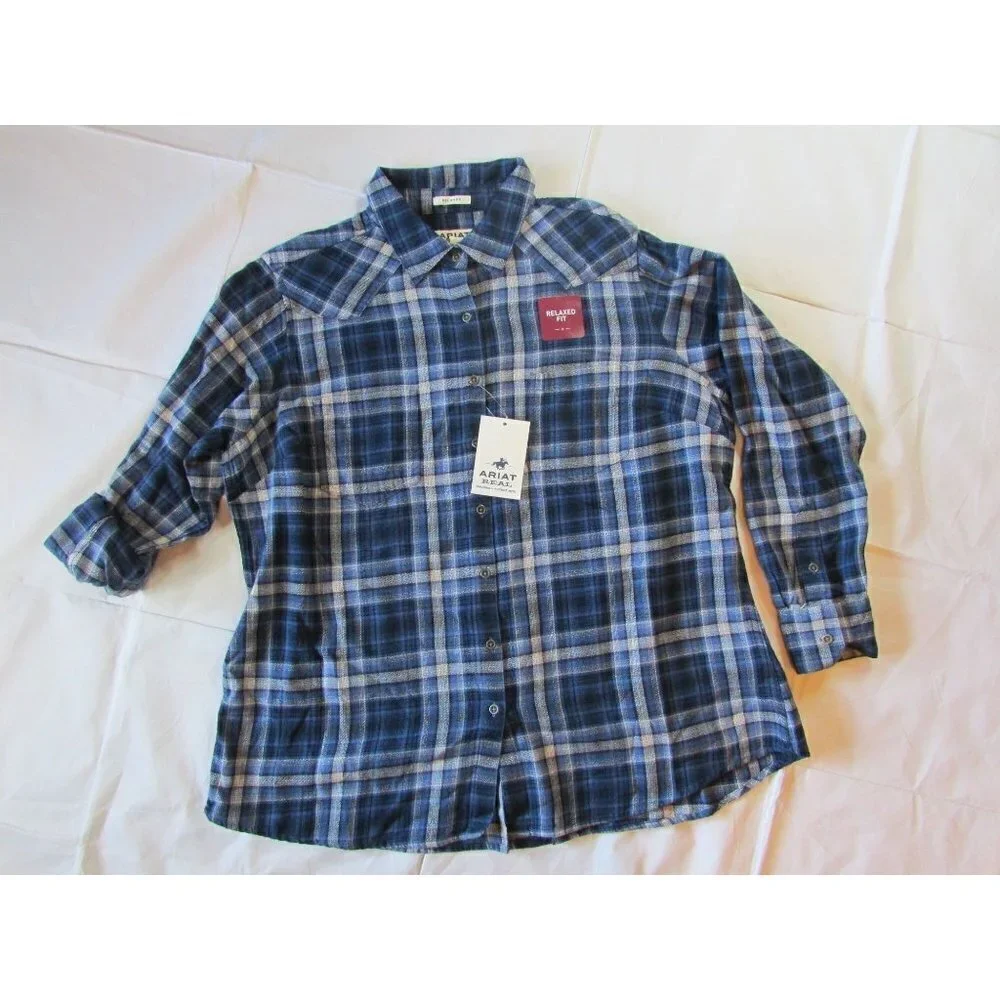 Ariat REAL Women's 2XL Long Sleeve Billie Jean Plaid Button Down Shirt - Blue - Picture 2 of 4